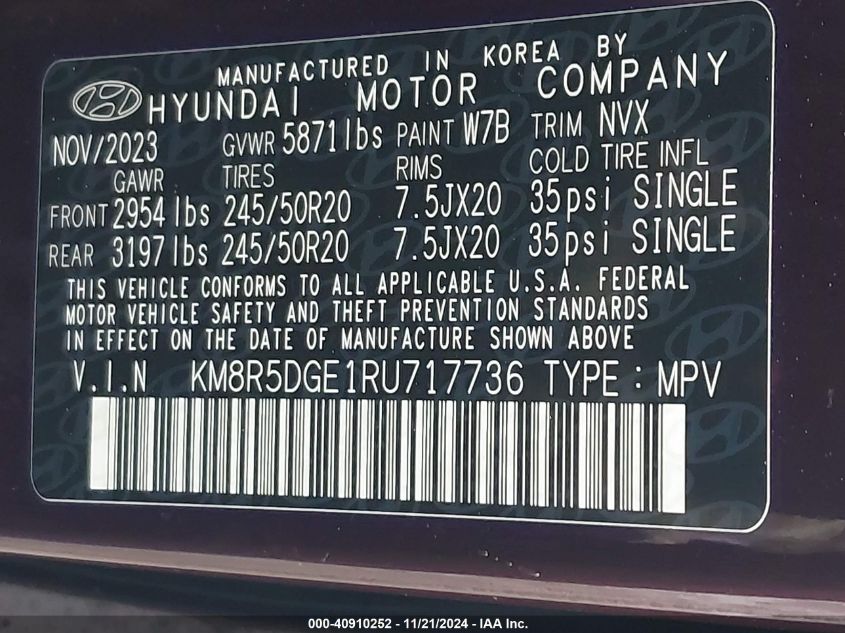 2024 Hyundai Palisade Limited VIN: KM8R5DGE1RU717736 Lot: 40910252