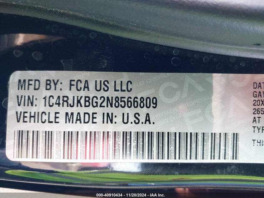 VIN 1C4RJKBG2N8566809 2022 JEEP GRAND CHEROKEE L LIMITED 4X4