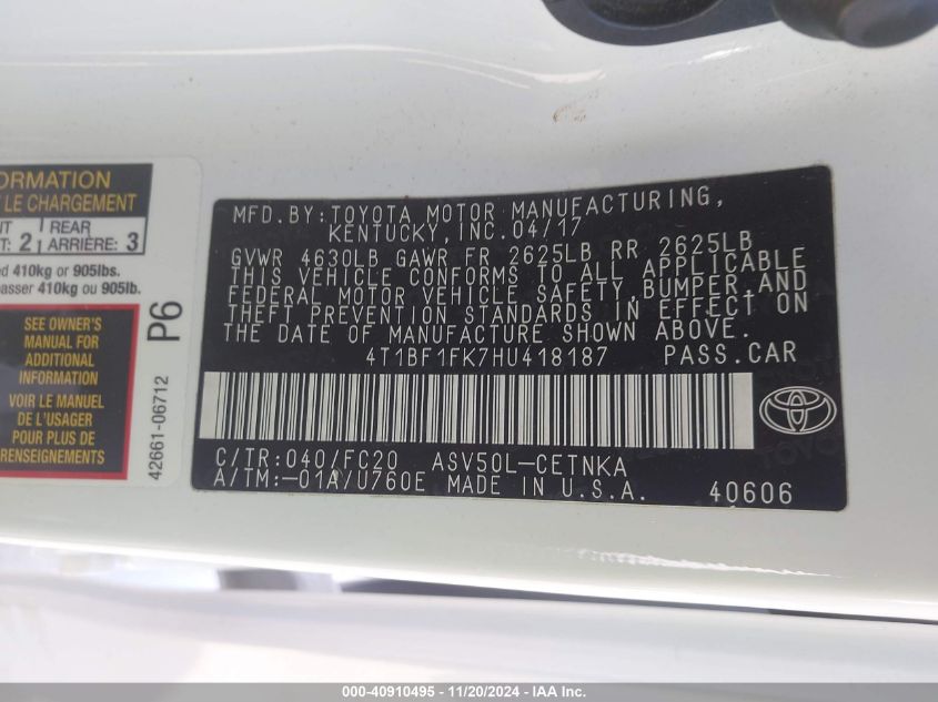 VIN 4T1BF1FK7HU418187 2017 TOYOTA CAMRY no.9