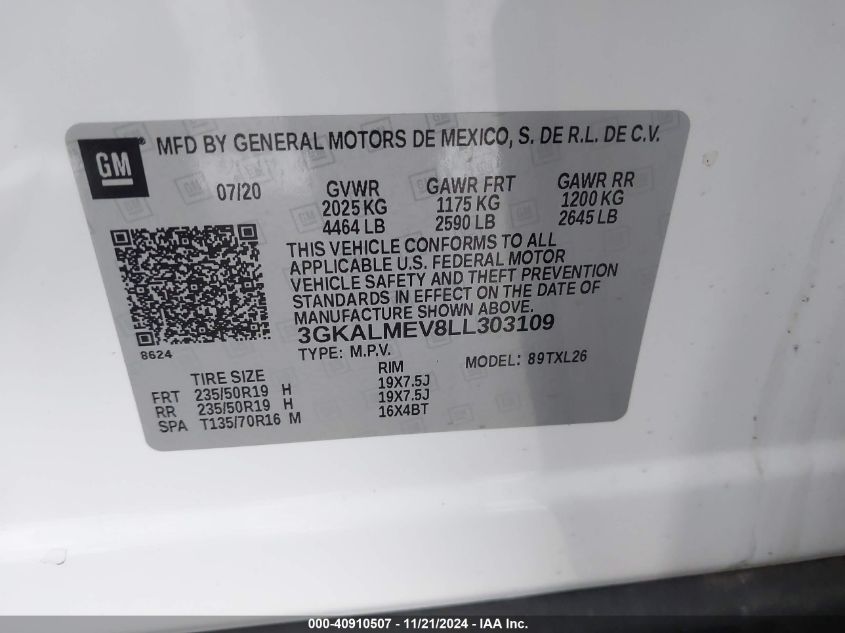 2020 GMC Terrain Fwd Sle VIN: 3GKALMEV8LL303109 Lot: 40910507