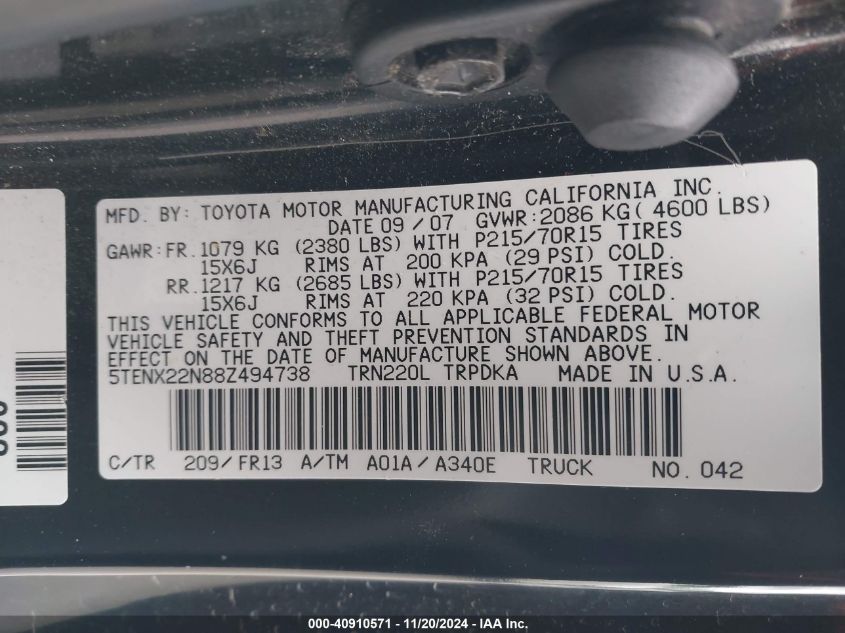 2008 Toyota Tacoma VIN: 5TENX22N88Z494738 Lot: 40910571