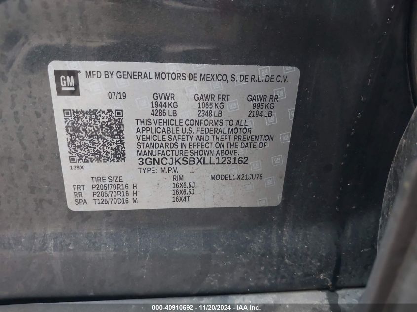 VIN 3GNCJKSBXLL123162 2020 CHEVROLET TRAX no.9