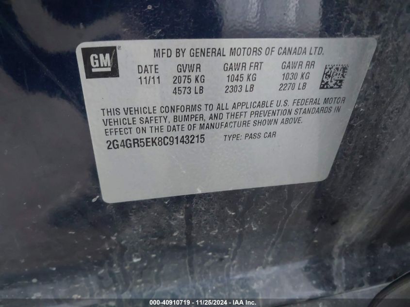 2012 BUICK REGAL VIN: 2G4GR5EK8C9143215