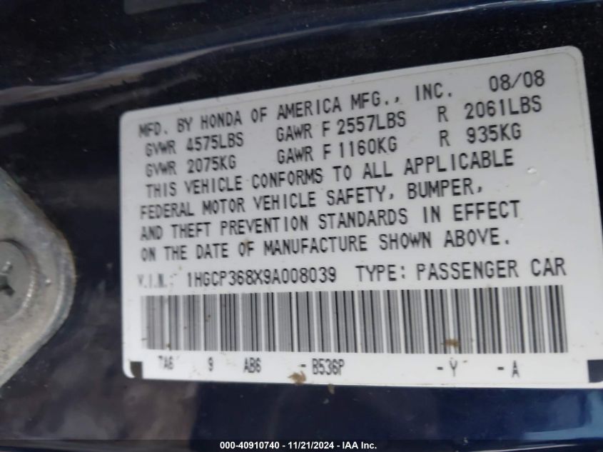 2009 Honda Accord 3.5 Ex-L VIN: 1HGCP368X9A008039 Lot: 40910740