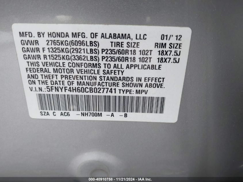 2012 Honda Pilot Ex-L VIN: 5FNYF4H60CB027741 Lot: 40910758