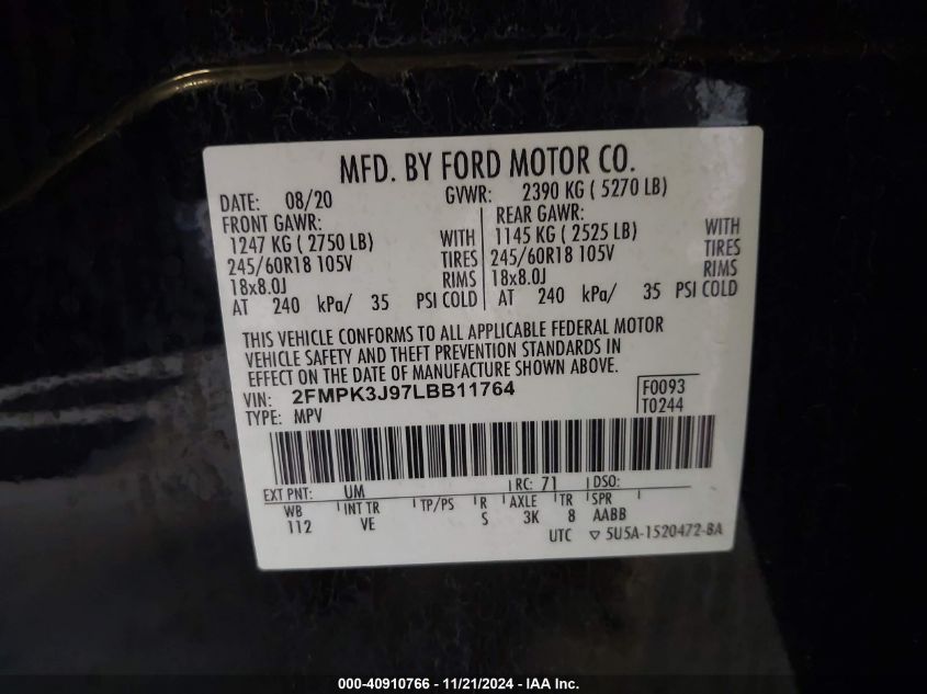 2020 Ford Edge Sel VIN: 2FMPK3J97LBB11764 Lot: 40910766