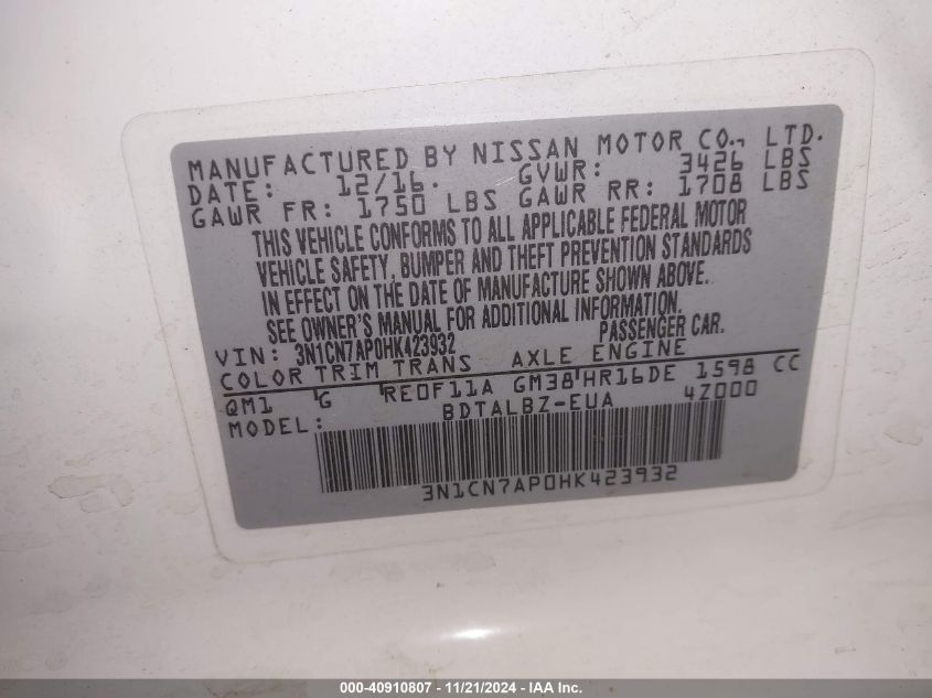 2017 NISSAN VERSA 1.6 SV - 3N1CN7AP0HK423932