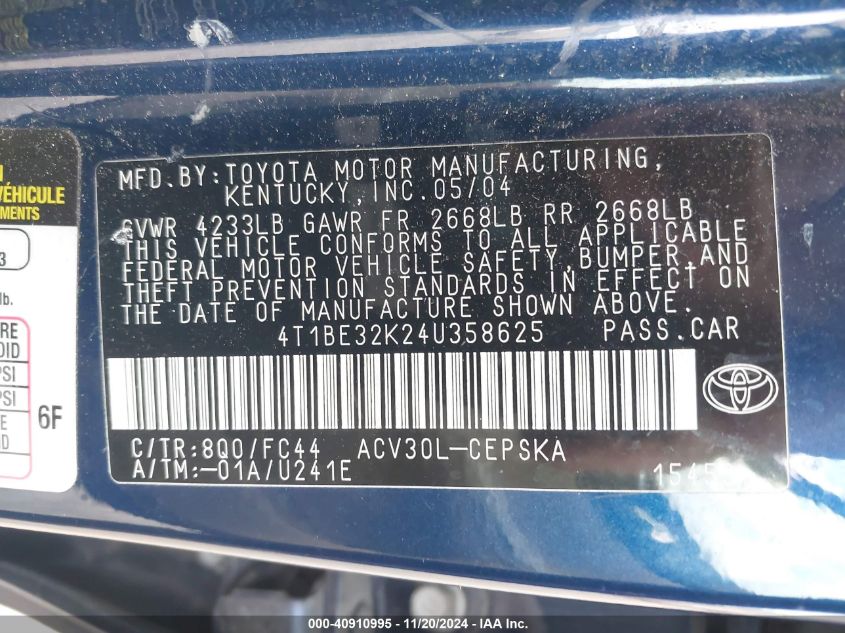 2004 Toyota Camry Se VIN: 4T1BE32K24U358625 Lot: 40910995