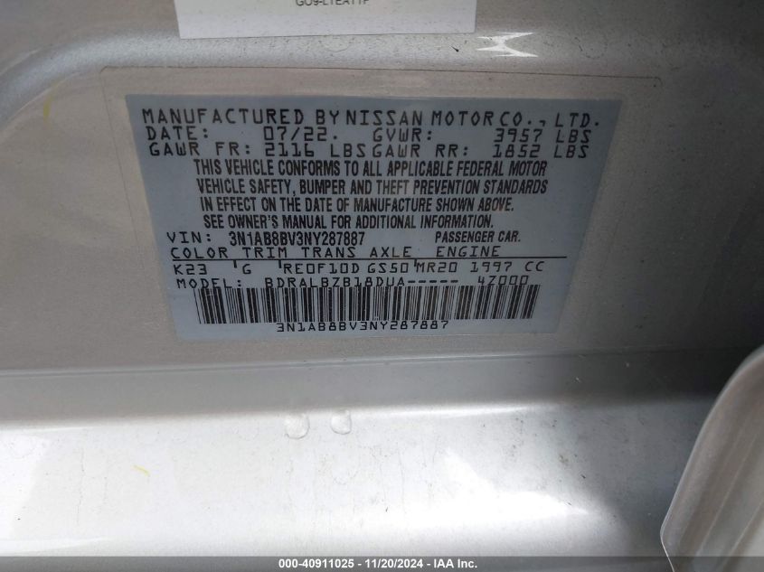 2022 Nissan Sentra S Xtronic Cvt VIN: 3N1AB8BV3NY287887 Lot: 40911025