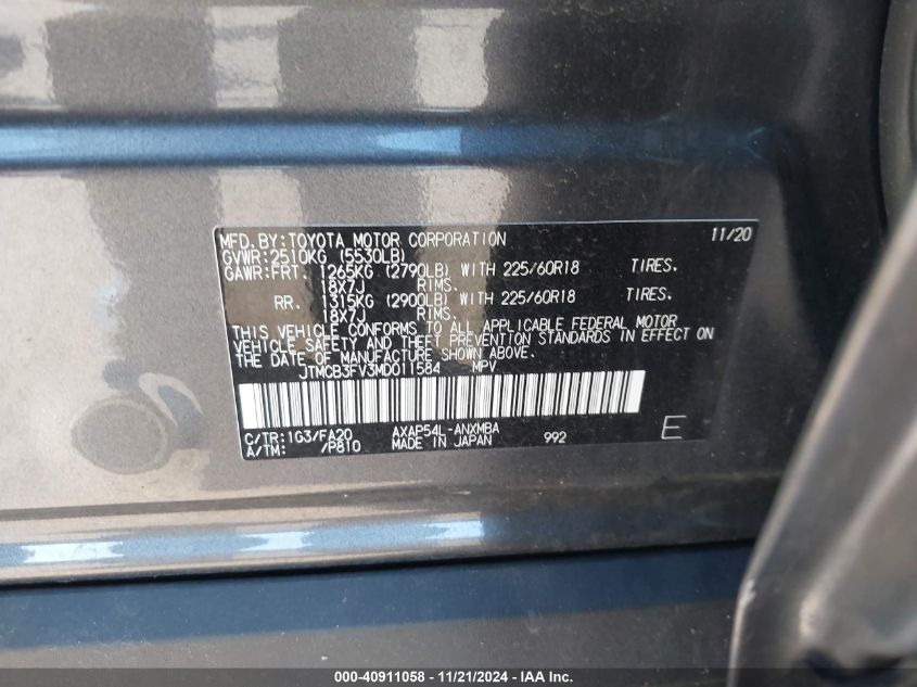 2021 Toyota Rav4 Prime Se VIN: JTMCB3FV3MD011584 Lot: 40911058