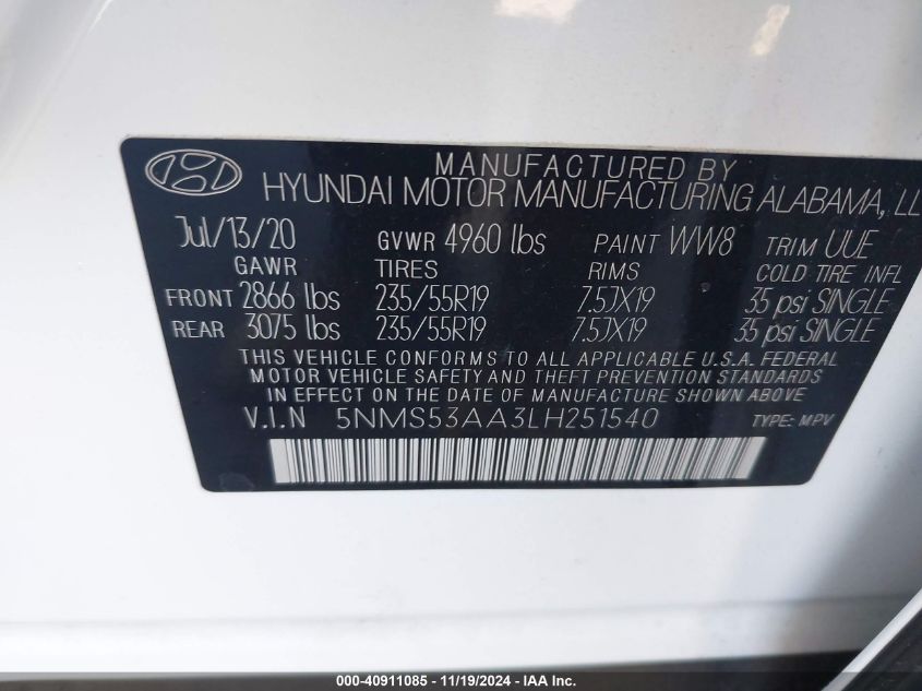 VIN 5NMS53AA3LH251540 2020 Hyundai Santa Fe, Limited no.9