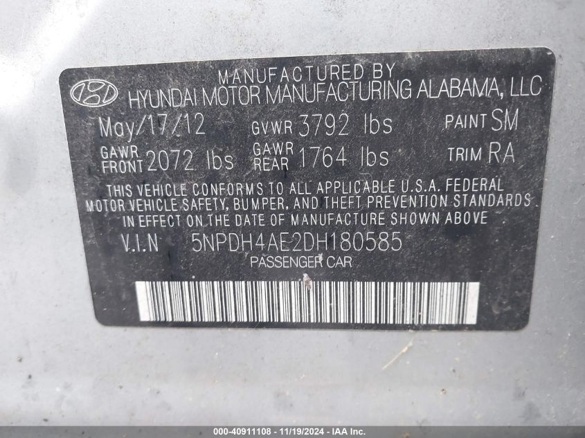 VIN 5NPDH4AE2DH180585 2013 HYUNDAI ELANTRA no.9