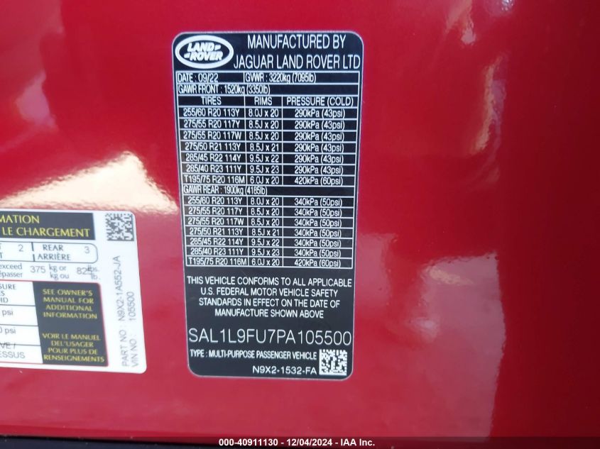 VIN SAL1L9FU7PA105500 2023 Land Rover Range Rover,... no.9