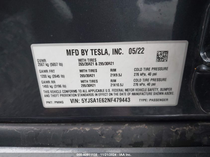 2022 Tesla Model S Plaid Tri Motor All-Wheel Drive VIN: 5YJSA1E62NF479443 Lot: 40911138