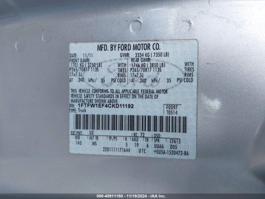 2012 FORD F-150 VIN: 1FTFW1EF4CKD11192