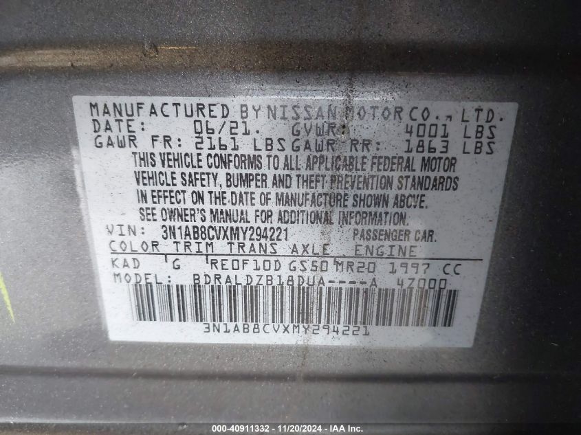 2021 Nissan Sentra Sv Xtronic Cvt VIN: 3N1AB8CVXMY294221 Lot: 40911332