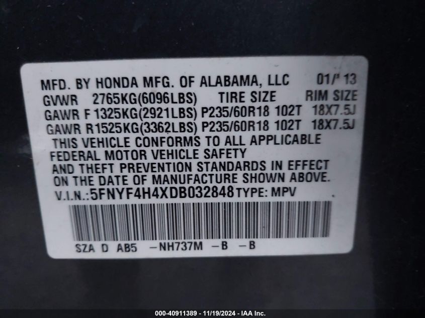 2013 Honda Pilot Ex VIN: 5FNYF4H4XDB032848 Lot: 40911389