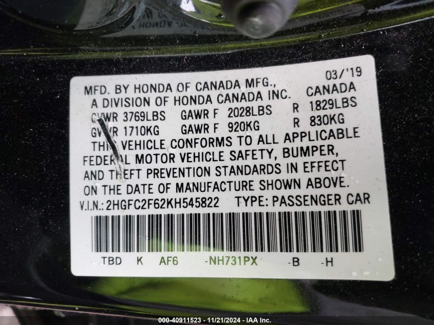 2019 HONDA CIVIC VIN: 2HGFC2F62KH545822