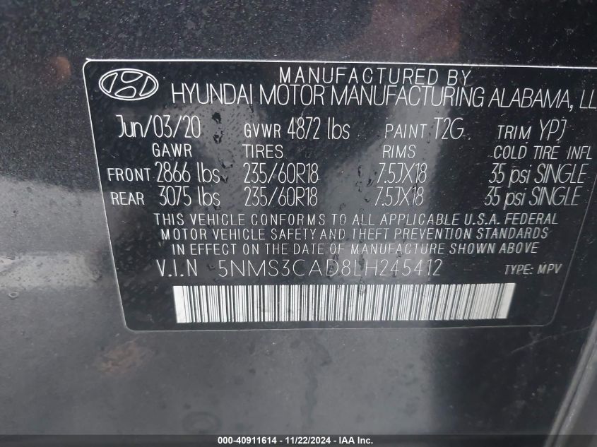 2020 Hyundai Santa Fe Sel VIN: 5NMS3CAD8LH245412 Lot: 40911614