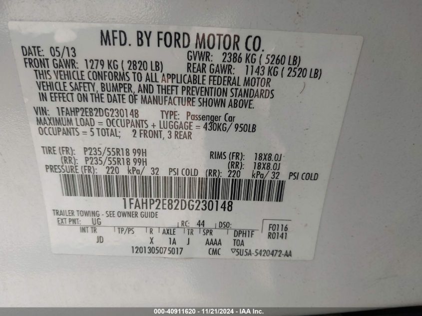 2013 Ford Taurus Sel VIN: 1FAHP2E82DG230148 Lot: 40911620