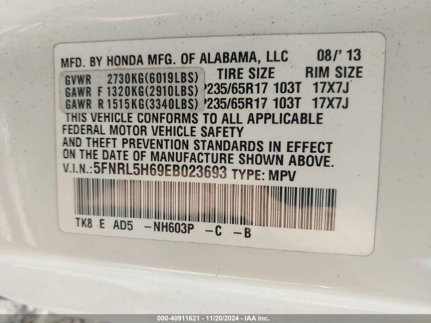 2014 Honda Odyssey Ex-L VIN: 5FNRL5H69EB023693 Lot: 40911621