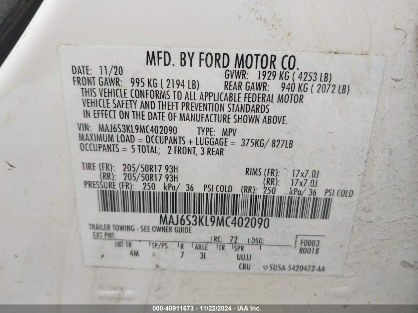 2021 Ford Ecosport Titanium VIN: MAJ6S3KL9MC402090 Lot: 40911673