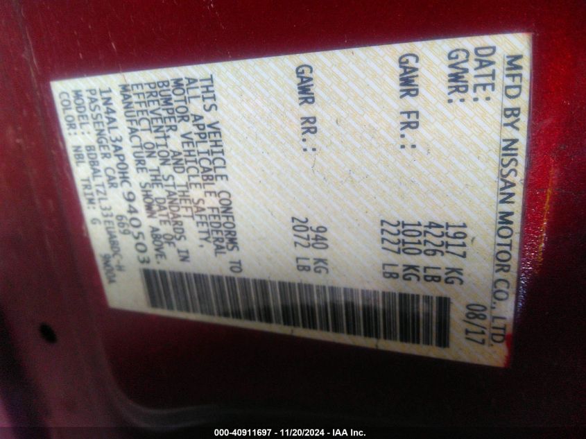 2017 Nissan Altima 2.5 Sl VIN: 1N4AL3AP0HC940503 Lot: 40911697