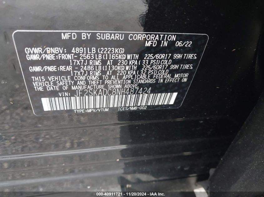 2022 Subaru Forester Premium VIN: JF2SKADC8NH487424 Lot: 40911721