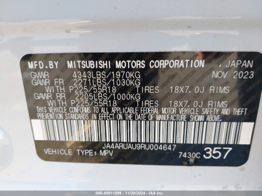 2024 Mitsubishi Outlander Sport VIN: JA4ARUAU9RU004647 Lot: 40911899