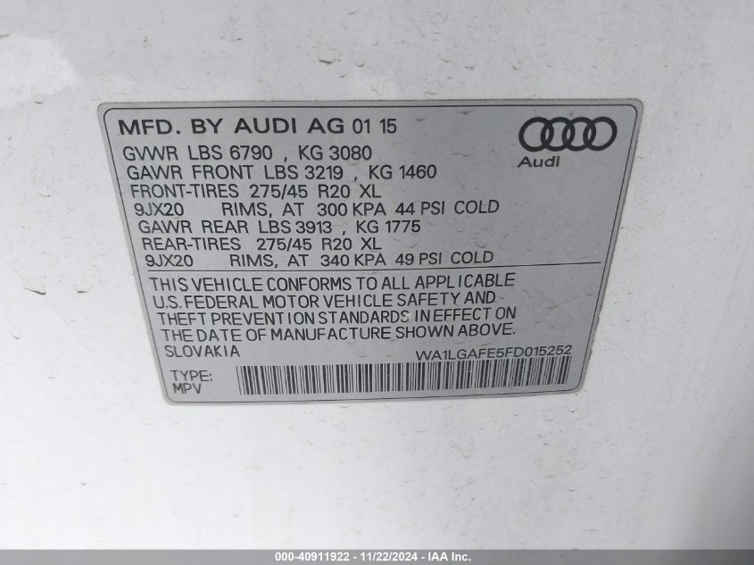 2015 Audi Q7 3.0T Premium VIN: WA1LGAFE5FD015252 Lot: 40911922