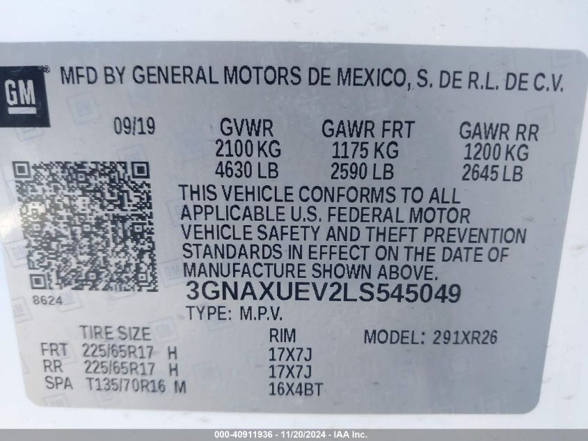 2020 Chevrolet Equinox Awd Lt 1.5L Turbo VIN: 3GNAXUEV2LS545049 Lot: 40911936