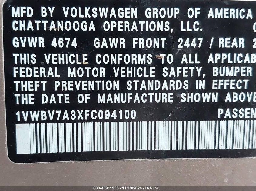 2015 VOLKSWAGEN PASSAT 2.0L TDI SE - 1VWBV7A3XFC094100