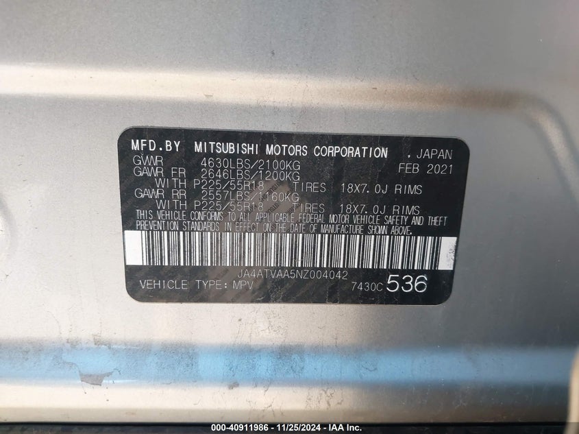 2022 Mitsubishi Eclipse Cross Le VIN: JA4ATVAA5NZ004042 Lot: 40911986