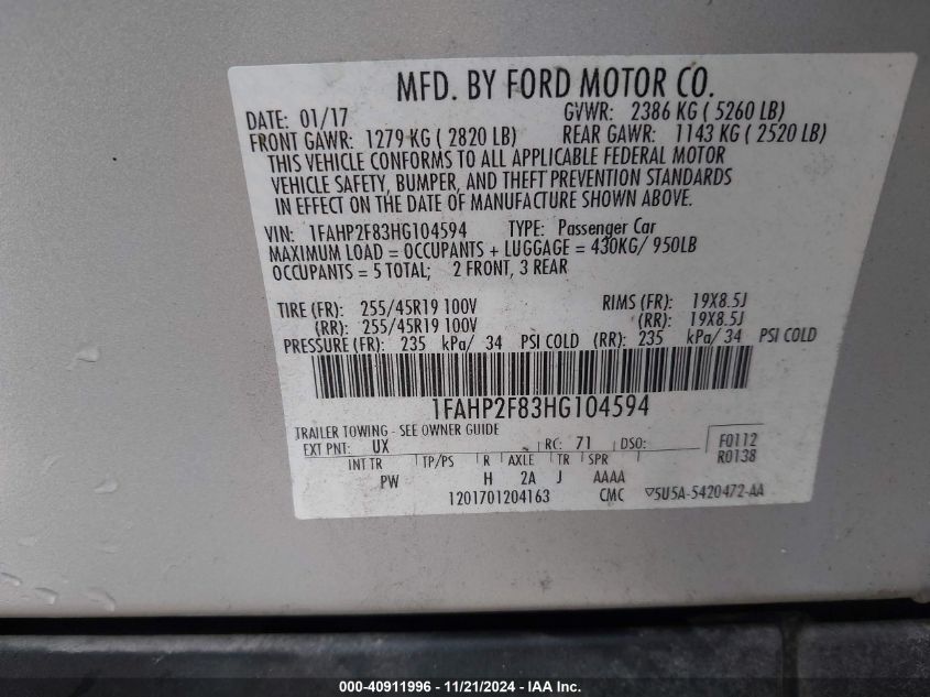VIN 1FAHP2F83HG104594 2017 FORD TAURUS LIMITED