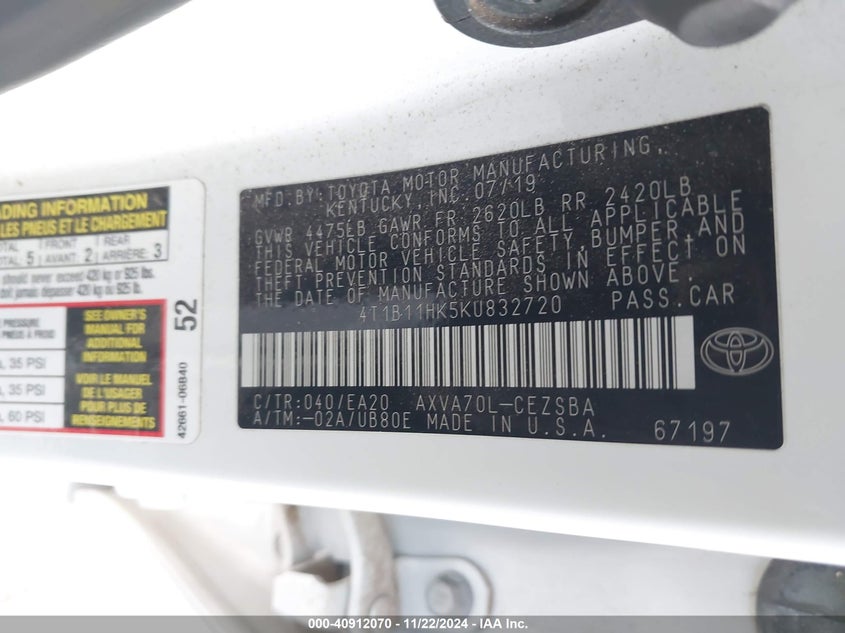 2019 TOYOTA CAMRY VIN: 4T1B11HK5KU832720