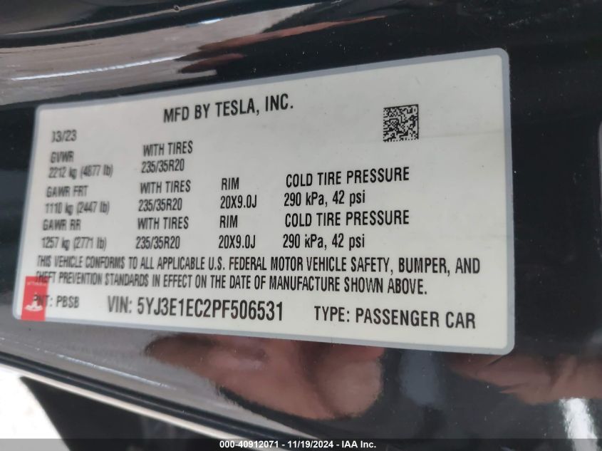 2023 Tesla Model 3 Performance Dual Motor All-Wheel Drive VIN: 5YJ3E1EC2PF506531 Lot: 40912071