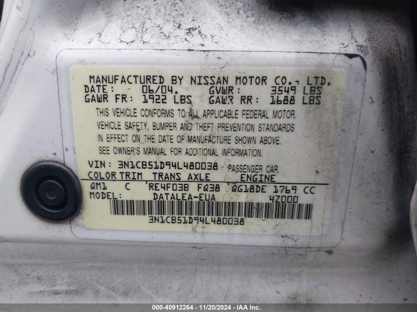 2004 Nissan Sentra 1.8S VIN: 3N1CB51D94L480038 Lot: 40912264