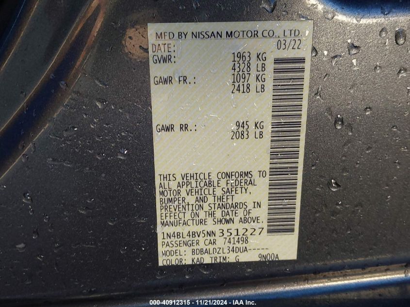 2022 NISSAN ALTIMA VIN: 1N4BL4BV5NN351227