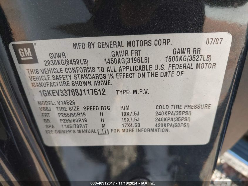 2008 GMC Acadia Slt-2 VIN: 1GKEV33768J117612 Lot: 40912317