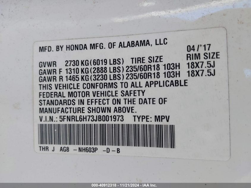 VIN 5FNRL6H73JB001973 2018 Honda Odyssey, Ex-L no.9