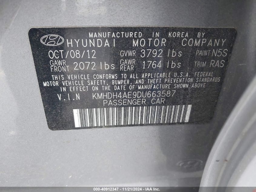 2013 Hyundai Elantra Gls VIN: KMHDH4AE9DU663587 Lot: 40912347