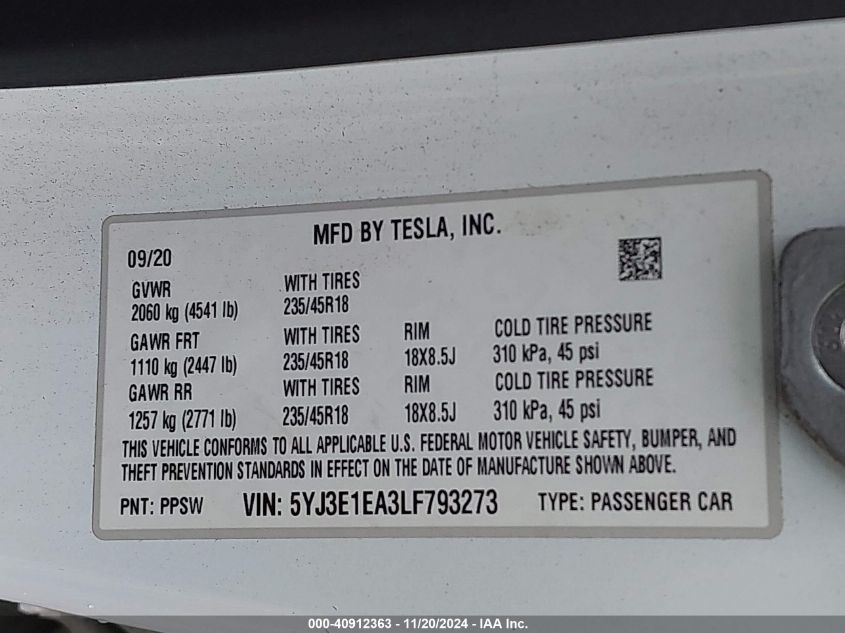 2020 Tesla Model 3 Standard Range Plus Rear-Wheel Drive/Standard Range Rear-Wheel Drive VIN: 5YJ3E1EA3LF793273 Lot: 40912363