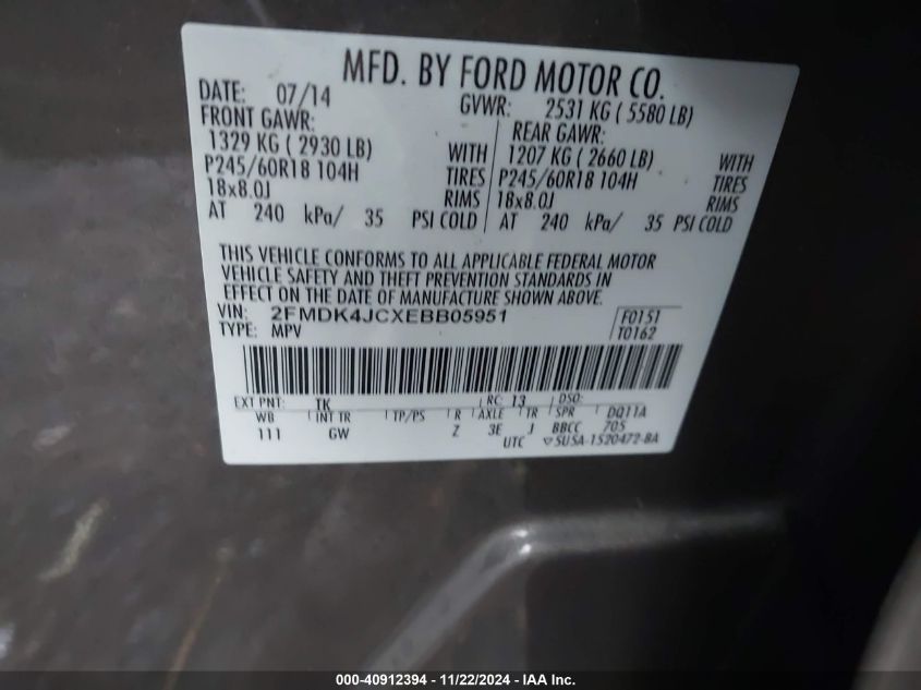 2014 Ford Edge Sel VIN: 2FMDK4JCXEBB05951 Lot: 40912394