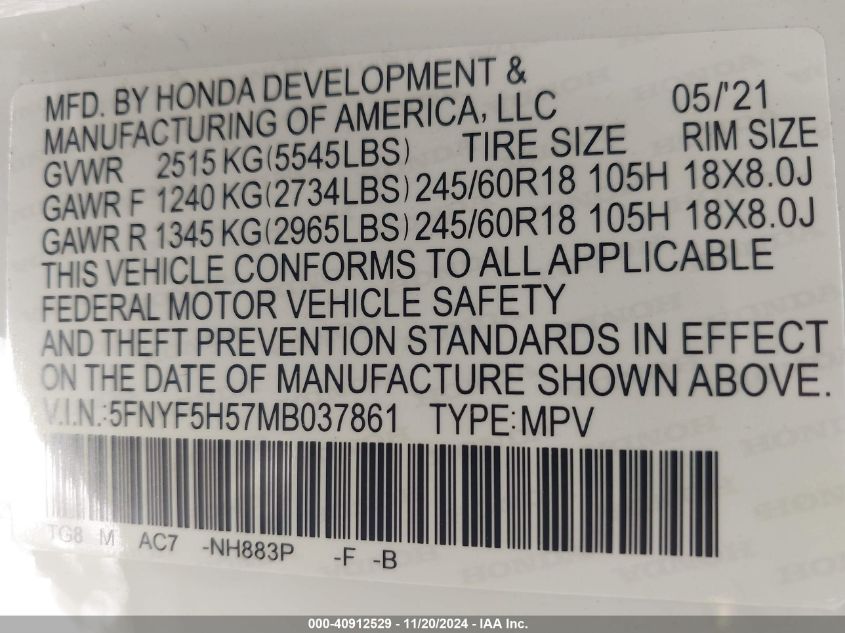 2021 Honda Pilot 2Wd Ex-L VIN: 5FNYF5H57MB037861 Lot: 40912529