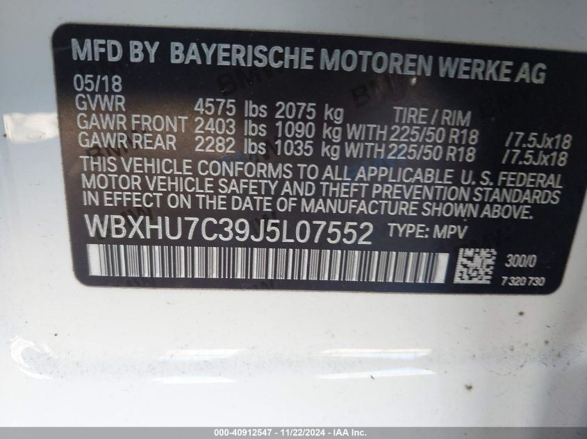 2018 BMW X1 Sdrive28I VIN: WBXHU7C39J5L07552 Lot: 40912547