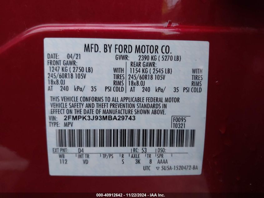 2021 Ford Edge Sel VIN: 2FMPK3J93MBA29743 Lot: 40912642