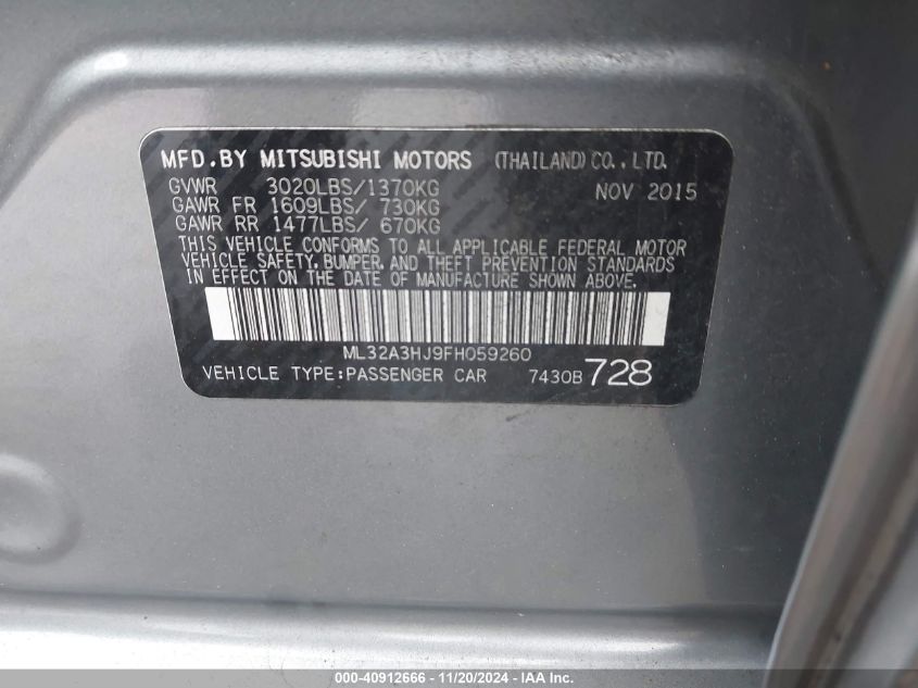 2015 Mitsubishi Mirage De VIN: ML32A3HJ9FH059260 Lot: 40912666