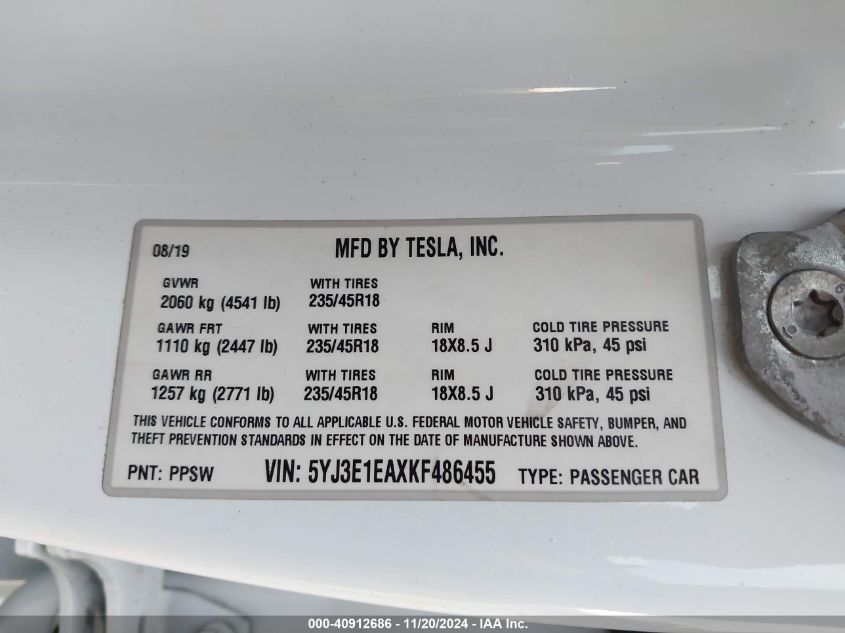 2019 Tesla Model 3 Long Range/Mid Range/Standard Range/Standard Range Plus VIN: 5YJ3E1EAXKF486455 Lot: 40912686