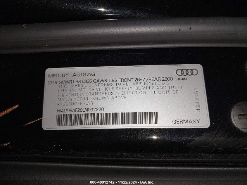 2020 Audi A6 Sedan Premium 45 Tfsi Quattro S Tronic VIN: WAUD8AF20LN032220 Lot: 40912742