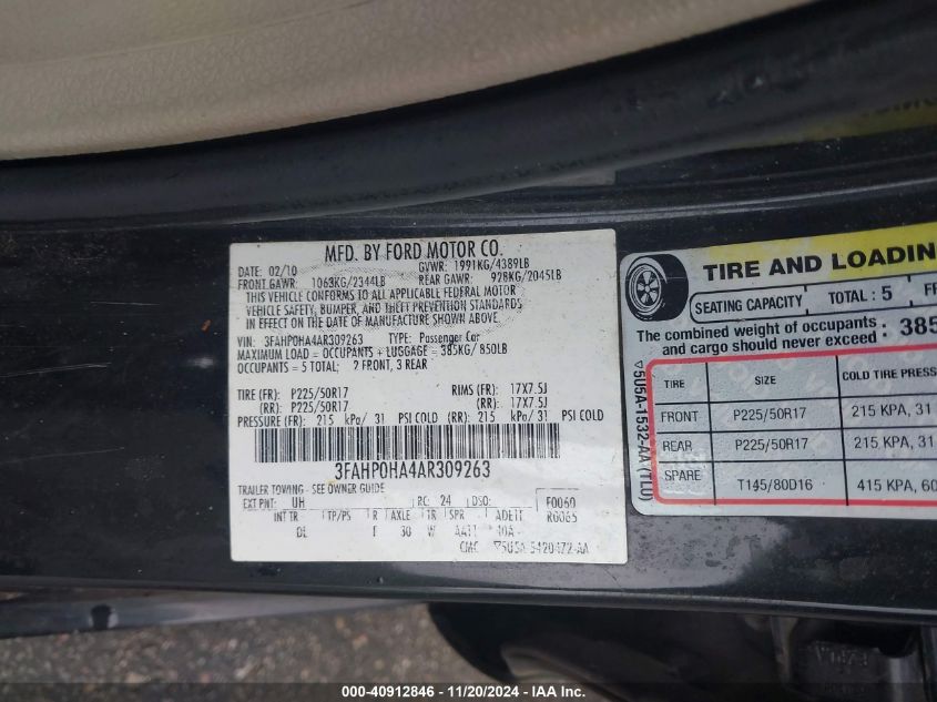 2010 Ford Fusion Se VIN: 3FAHP0HA4AR309263 Lot: 40912846